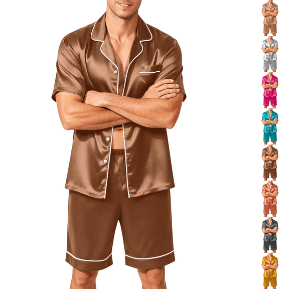 Mens Pajamas Set Silk Satin Sleepwear Short Sleeve Button Up Pjs Soft 2 Piece Lounge Set with Pocket Big and Tall Camel S