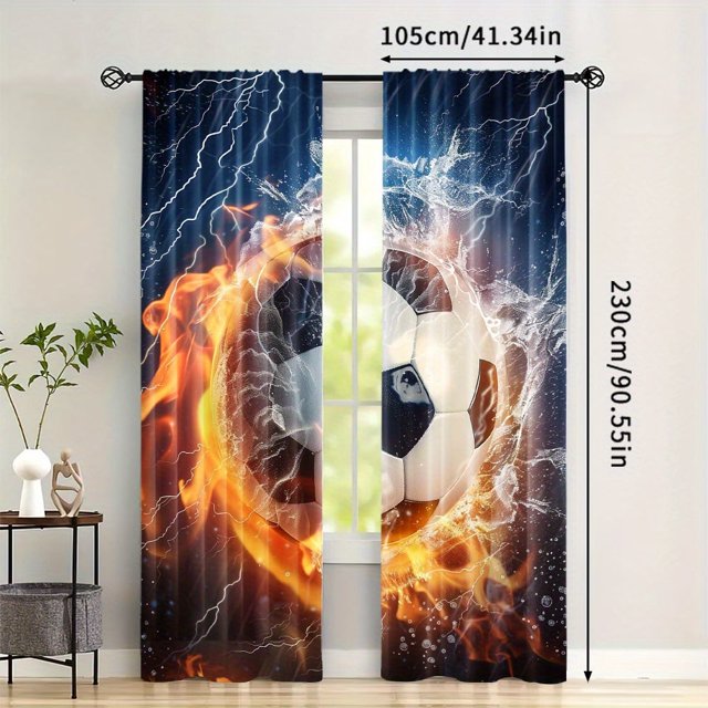 Cortinas con impresión digital de fútbol, fuego y hielo, tela de poliéster tejida, boca de varilla para colgar, aislamiento térmico en relieve adecuado para dormitorio, sala de estar, estudio,