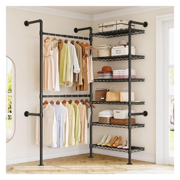 L2 Wall Mounted Closet System, Industrial Pipe Clothing Rack Clothes Racks with 2 Telescopic Rod & 6 Shelves, Heavy Duty Closet Organizers System in Wardrobe Closet, Black
