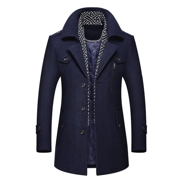 Abrigo de mezcla de lana para hombre con bufanda desmontable o cuello interior, abrigo de botonadura sencilla, gabardina cálida de invierno