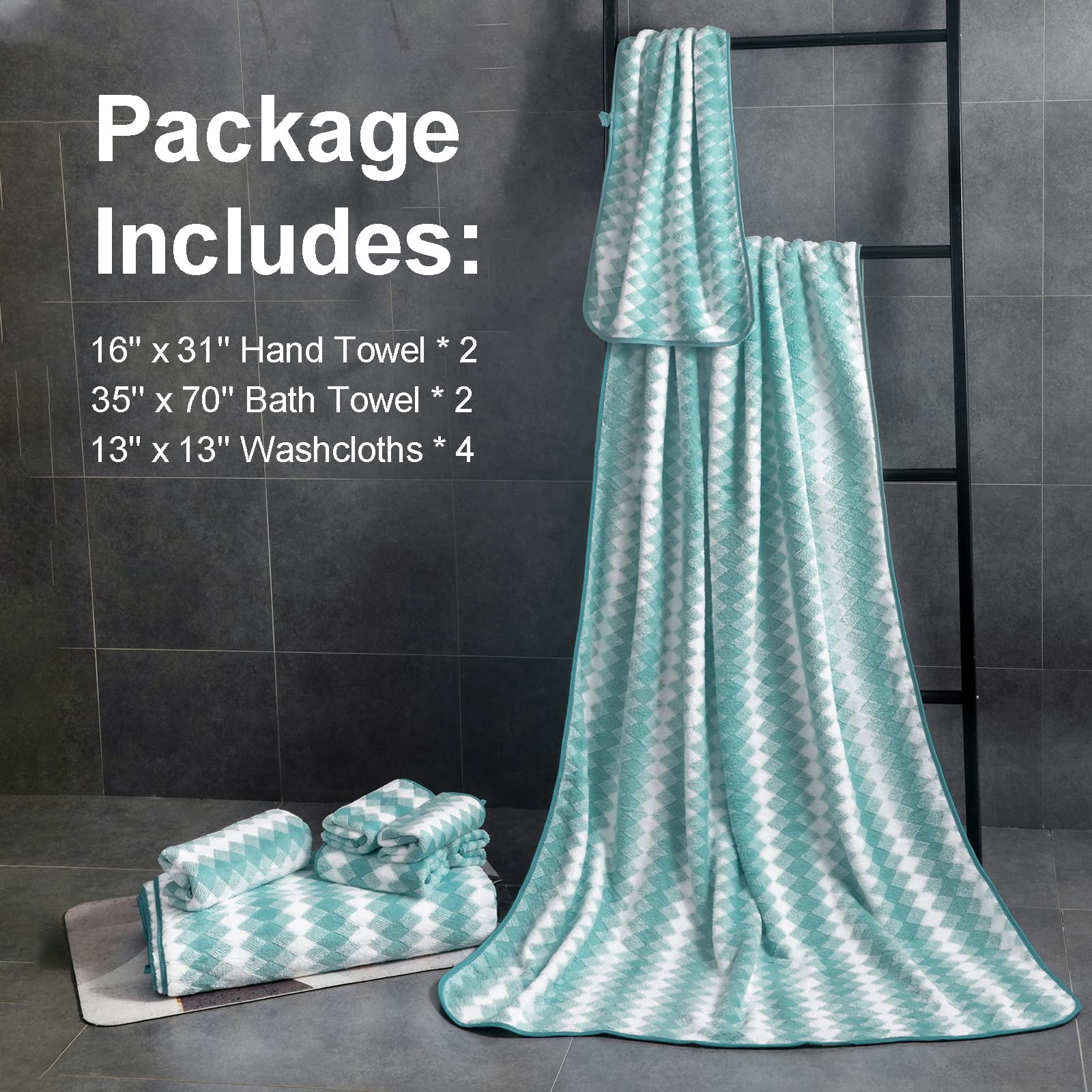 Beartech 8 Piece Microfiber Bath Towel Set 2 Oversized Bath Sheet,2 Hand Towels and 4 Washcloths| Ultra Soft & Less lint,Highly Absorbent Quick Dry Shower Towel For Bath Hotel-Lake Blue