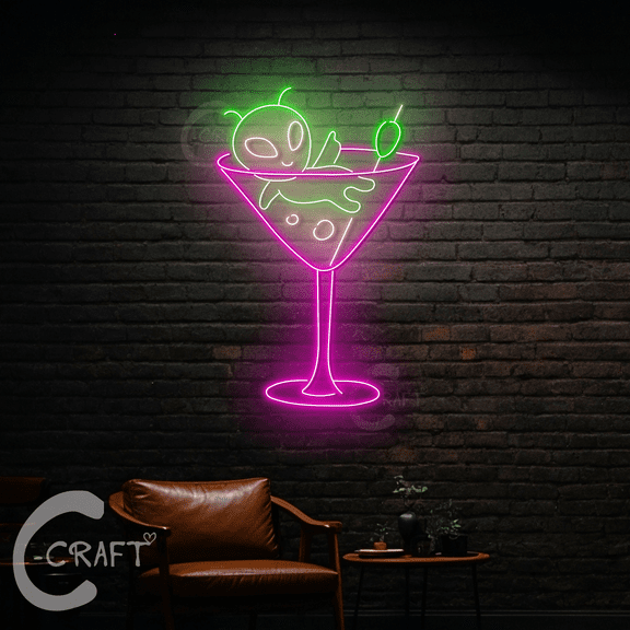 C-CRAFT Alien Cocktail Neon Sign Led Light Up 20 inch for Bar Pub Wall Art Decor