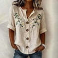 thumbnail image 2 of Oversized Tshirts for Women 3/4 Sleeve Top Print Blouse V Neck Button Down Short Sleeve Casual Loose Fit Beige Summer Tops for Women, 2 of 4