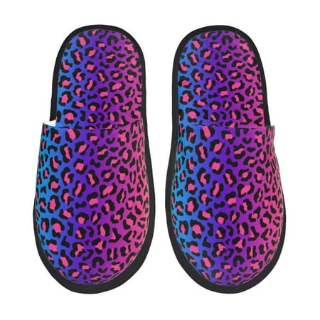 Balery Leopard Neon Rainbow Gradient Slient Indoor Furry Fleece Comfort House Shoes Soft Non-Slip Home Shoes Cotton slippers House Slippers-- Large