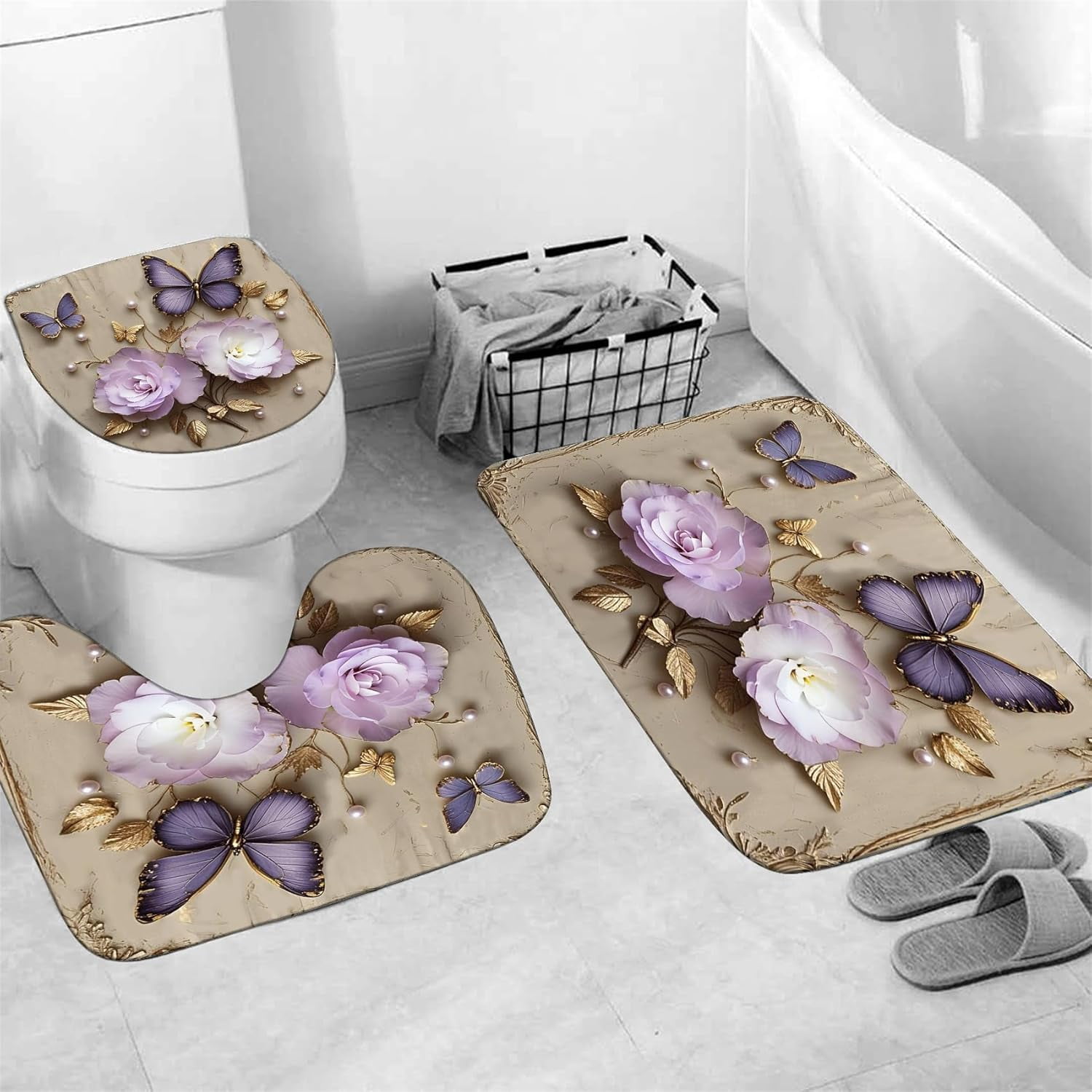 4Pcs Spring Themed Shower Curtain Set with Rugs Vintage Butterflies Bathroom Sets Floral Shower Curtain with 12 Hooks Bathroom Decor with Rugs Bath Accessories with Mats Toilet Lid Cover