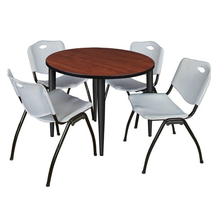 

Regency Kahlo 36 in. Round Breakroom Table- Cherry Top Black Base & 4 M Stack Chairs- Grey