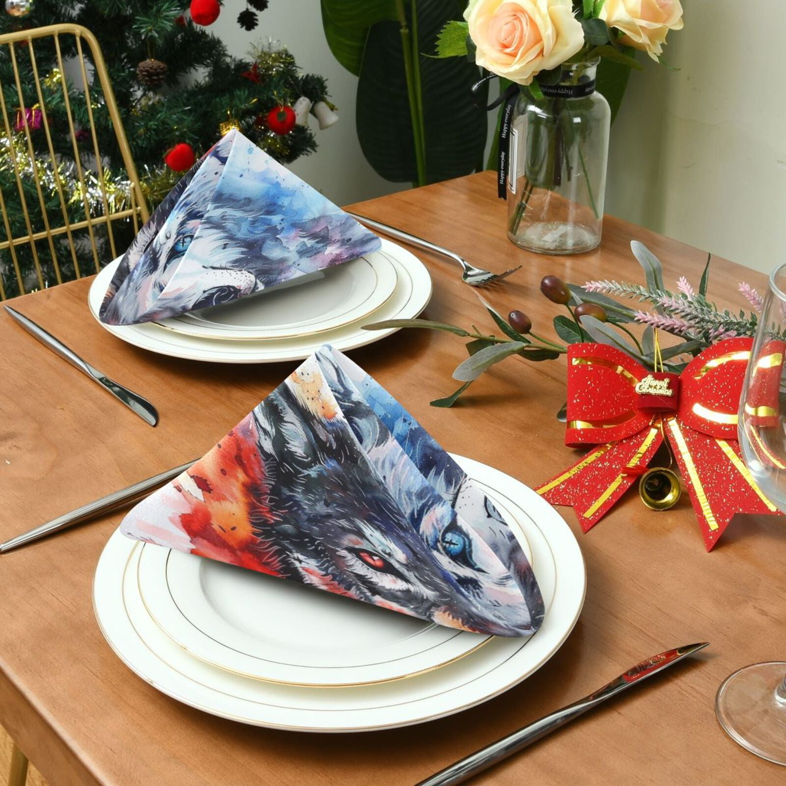 JSTEL Wolf Head Yingyang Cloth Napkins Set of 6, 20x20 Inch Washable and Reusable Napkin for Decoupage Dinner Party Everyday Use
