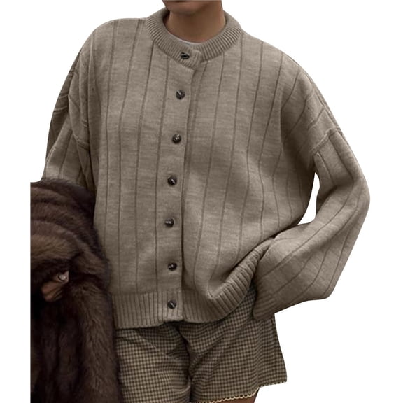 Womens Open Front Cardigan Sweaters Button Down Knit Long Sleeve Crewneck Casual Loose Fall Khaki S