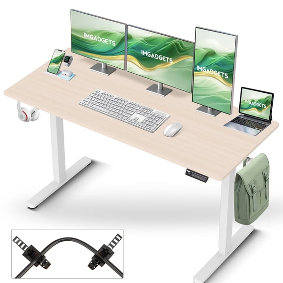 IMGadgets Bureau Assis-Debout Électrique Réglable / Grand Espace de Travail de 140 x 61 cm avec 2 Crochets / Bureau Ergonomique / Résistant aux Rayures et à l'Eau / Bureau Réglable en Hauteur pour le Travail et la Maison