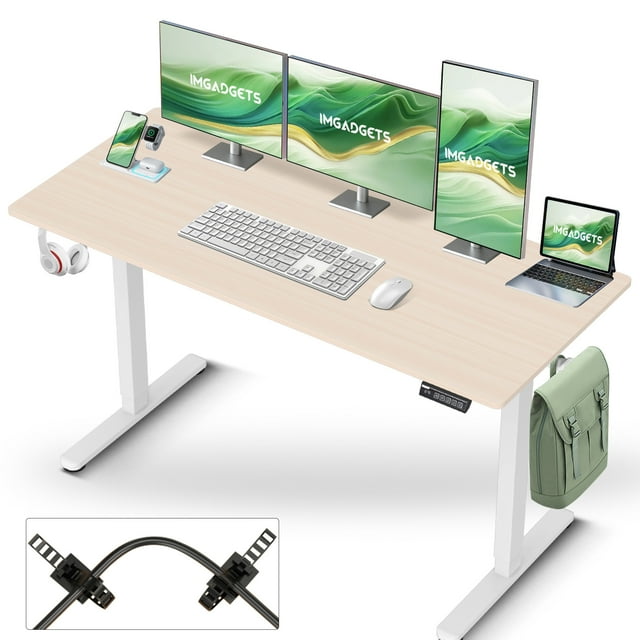 IMGadgets Standing Electric Adjustable Desk | 55'' x 24'' Large Workspace with 2 hooks | Ergonomic Sit-Stand Desk | Scratch-Resistant & Waterproof | Height Adjustable Desk for Work and Home