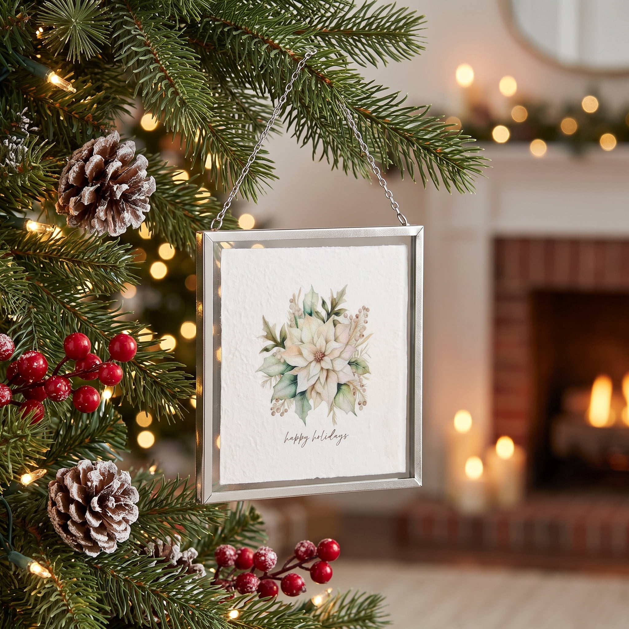 Double-Sided Poinsettia and Deer Framed Christmas Wall Art, White and Green, 8" x 8", by Holiday Time
