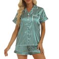 thumbnail image 1 of Women Short Sleeves Pajamas Set Turn Down Collar Beautiful Print Two Piece Top Shorts Sleepwear Green Stripe M, 1 of 6