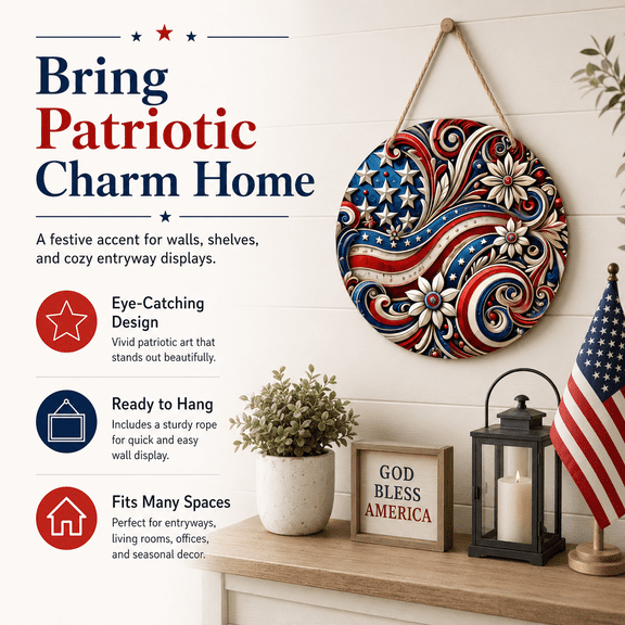 2D Independence Day Outdoor Home Circular Decoration Pendant - Patriotic Wall Decor Hanging Ornament, Durable Acrylic Pendant, for 4th Of July & Patriotic Holiday Decor, Office Decor for Women, 1pc