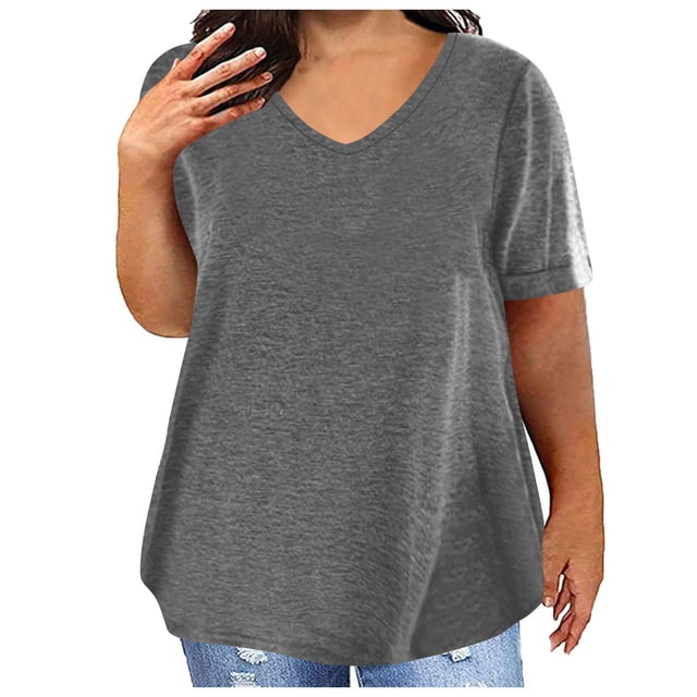 T-Shirt à Manches Courtes à Col en V pour Femmes Grande Taille