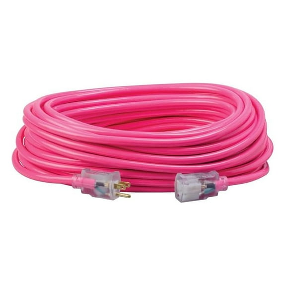 Heavy Duty Extension Cord, 100Ft, 12 Gauge, 3 Conductor, High Visibility Outdoor Cord, Lighted End, SJTW, Cool Pink, 2579SW000A