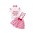 thumbnail image 2 of Inevnen Baby Girls 3PCS Valentine Outfits, Letter Short Ruffle Sleeve T-Shirt, Hearts Adjustable Suspender Short Skirt, Bow Headband (White Pink, 18-24 Months), 2 of 9