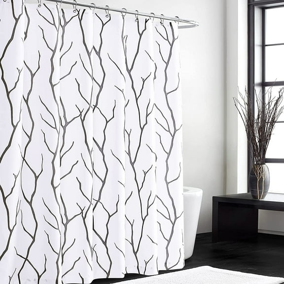 Shower Curtains for Bathroom - Waterproof Tree Branches Pattern on White Curtains for Outdoor Swimming Pool Bathtubs Toilet, Grey, 72 x 72 inches Long, Hooks Included