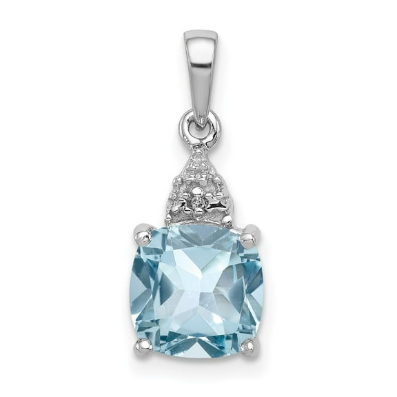 925 Sterling Silver Rhodium Light Swiss Blue Topaz and Diamond Square Shaped Pendant