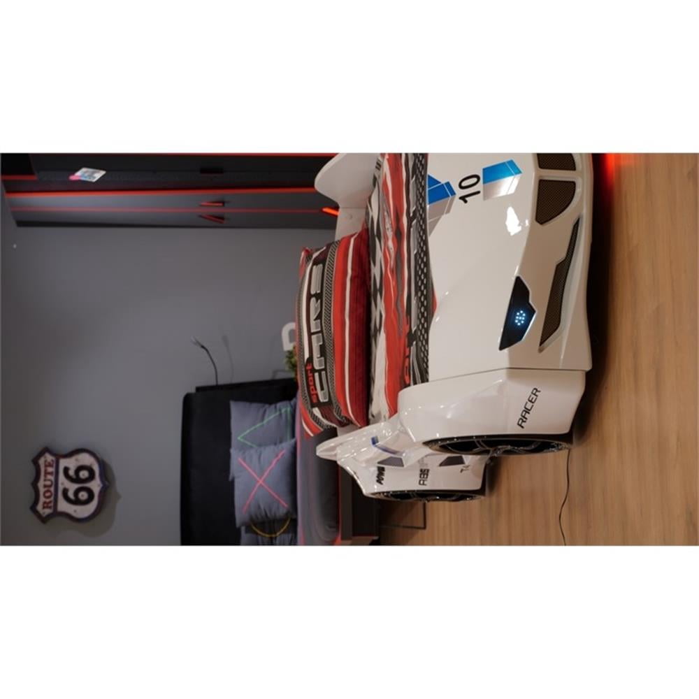 Pemberly Row Modern Wood Twin Race Car Bed with Remote Control in White
