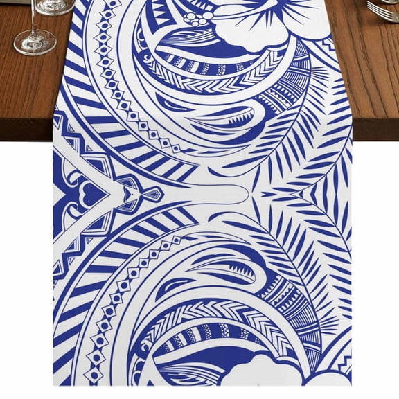 Polynesia Texture 72 Inch Table Runner, Vintage Traditional Tribe Floral Abstract Art Blue Farmhouse Dresser Scarf Cotton & Linen Tablerunner for Dining/Kitchen Island/Holiday Party Décor 13" x 72"