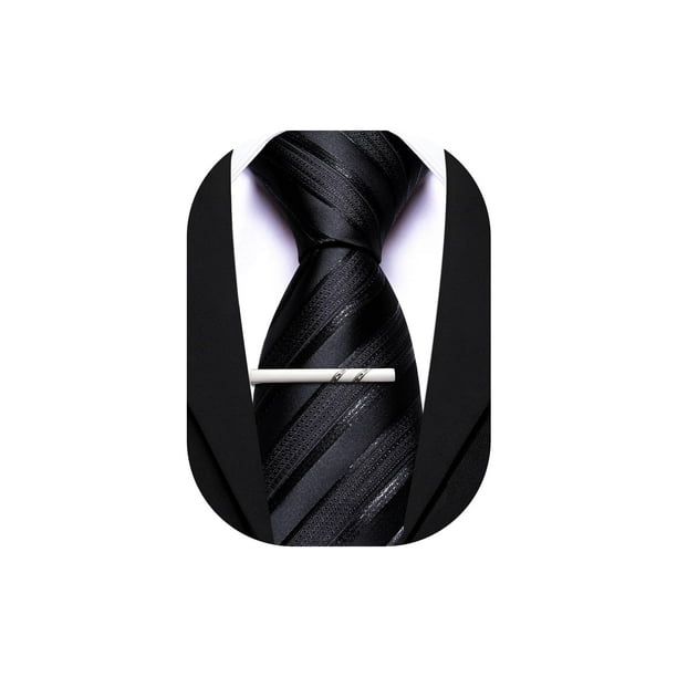 Corbata Barry.Wang de seda negra a rayas con clip 153x8 cm
