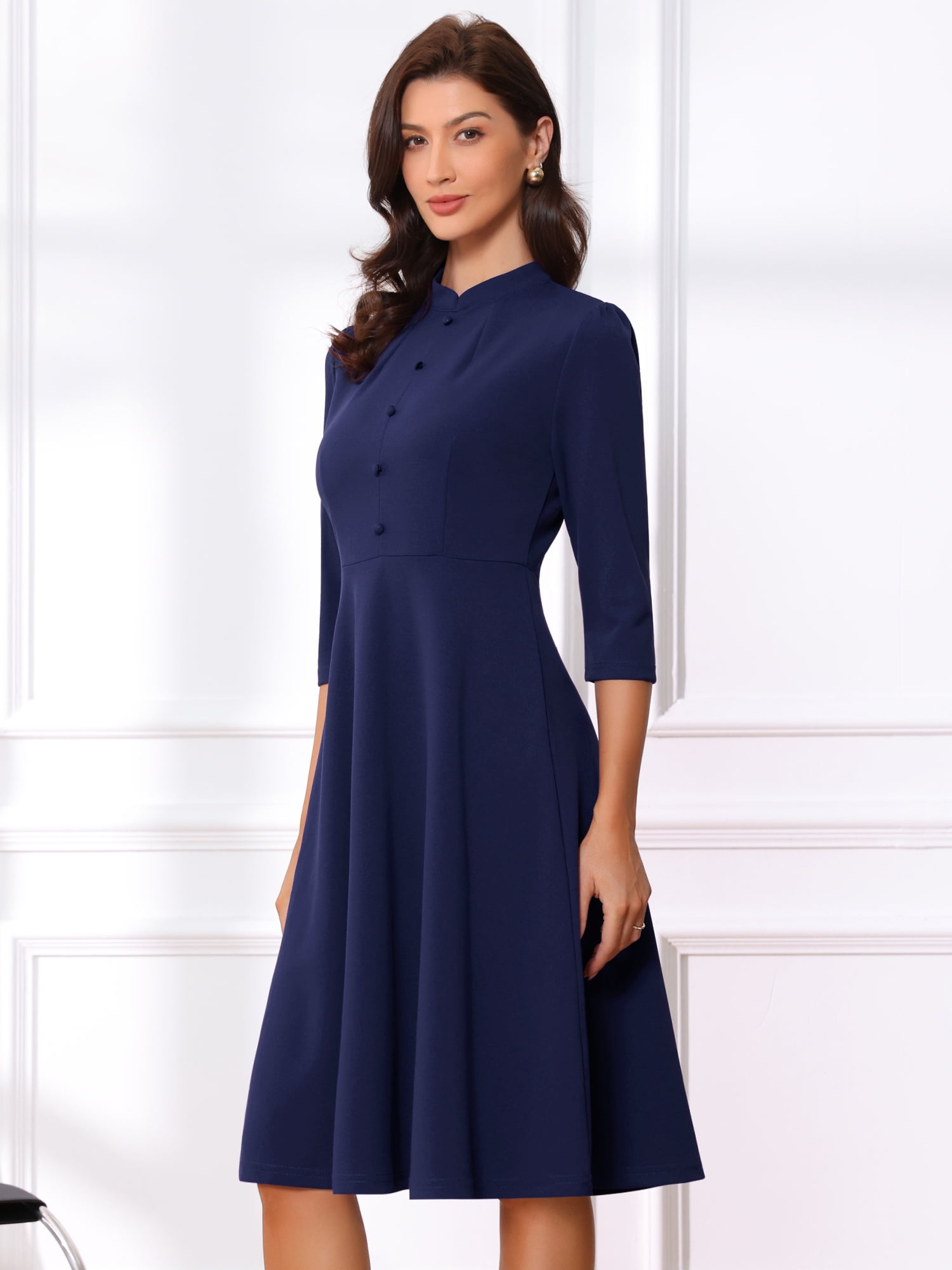 DARING DIVA Women's Vintage 3/4 Sleeve Church Semi Fit and Flare Dress S Deep Blue