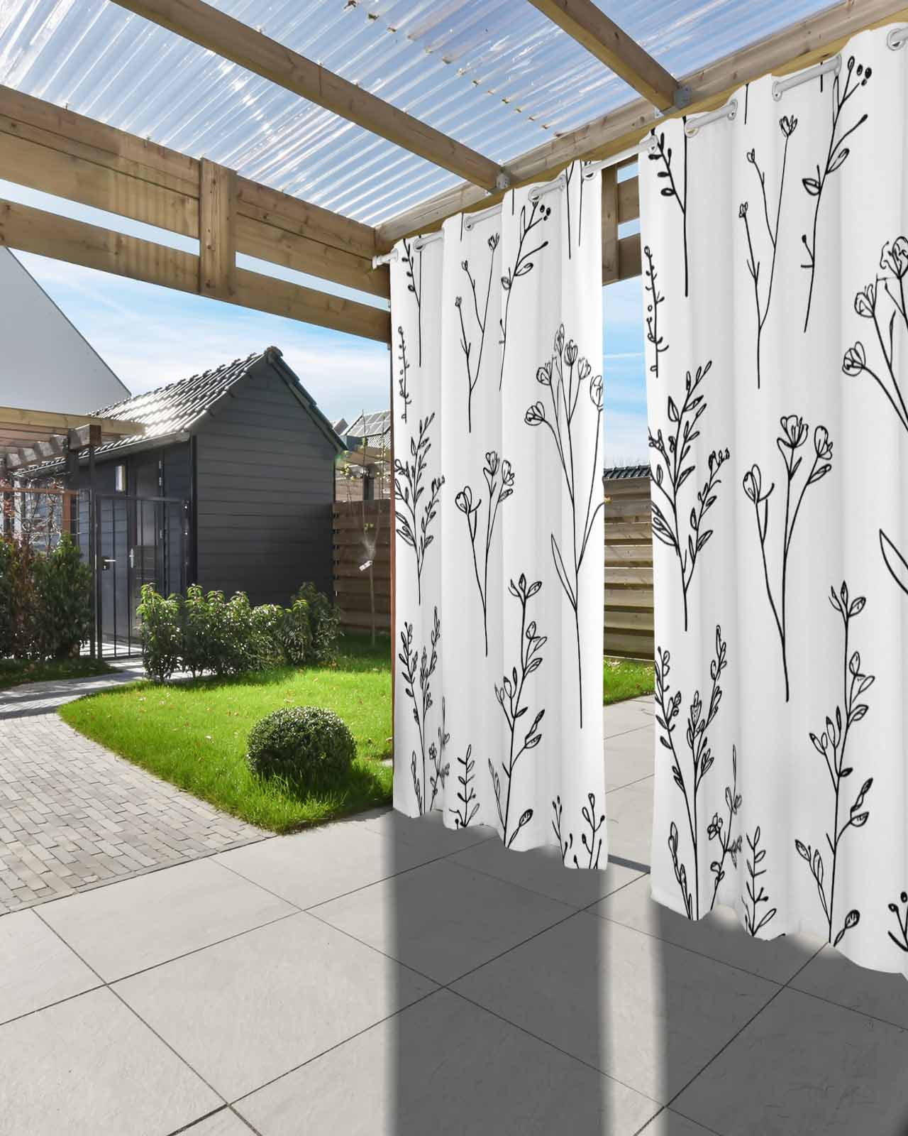 Black Pastoral Floral Outdoor Curtains for Patio, Tropical Bloom Silhouettes Privacy Drapes Grommet Waterproof Outside Curtains for Porch/Cabana/Balcony 54"x 95", 2 Panel