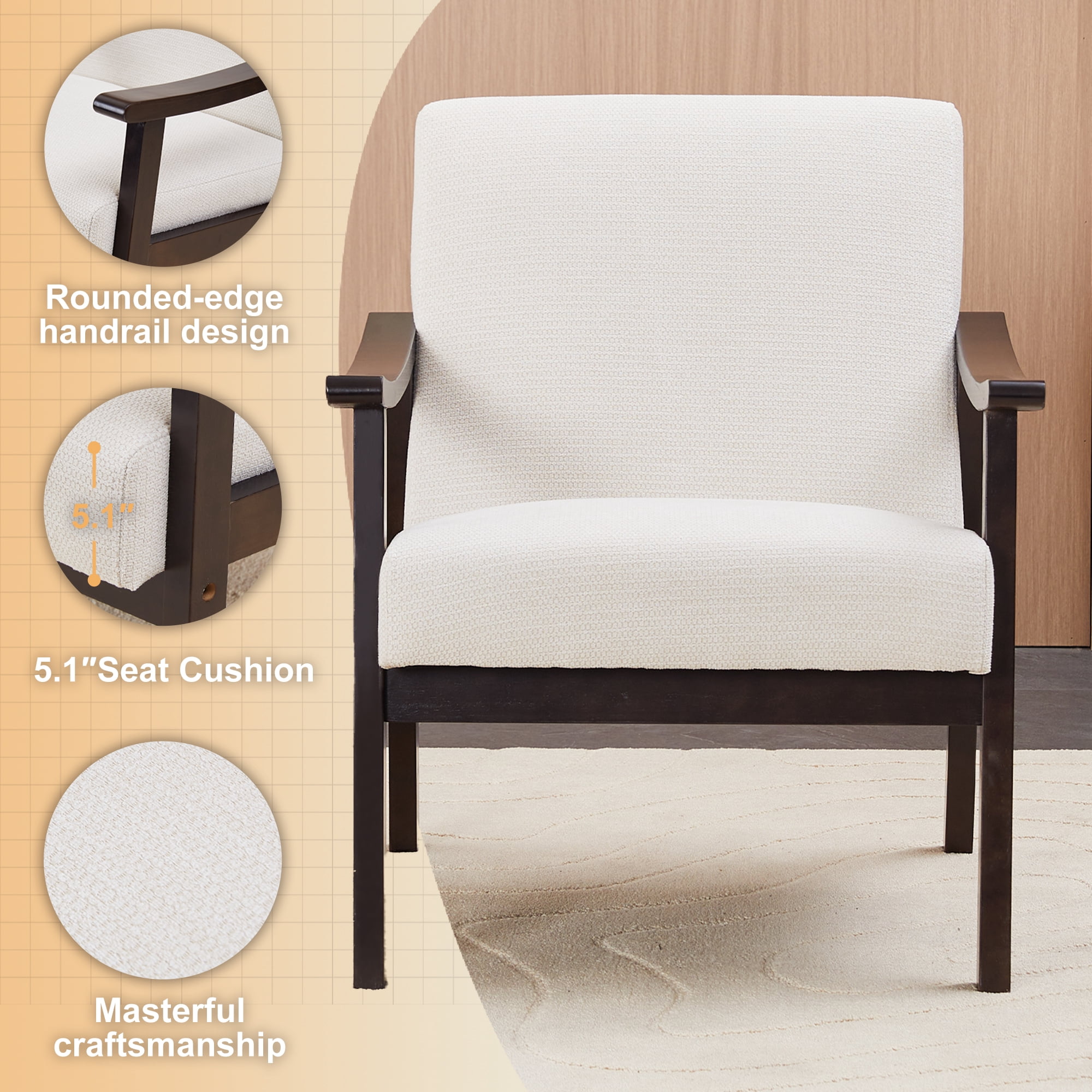 HOQBN Modern Armchair with High Back,Upholstered Living Room Chairs with Solid Wood Legs,Leisure Reading Chair for Living Room, Bedroom,Ancient White