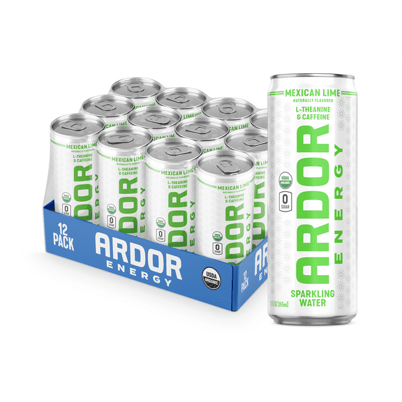 ARDOR ENERGY Sparkling Water Mexican Lime 12 pack with 100mg Organic Caffeine from Green Tea & 200mg Organic L-Theanine (Focus & Calm). No Sugar. No Calories. Vegan. Gluten Free.