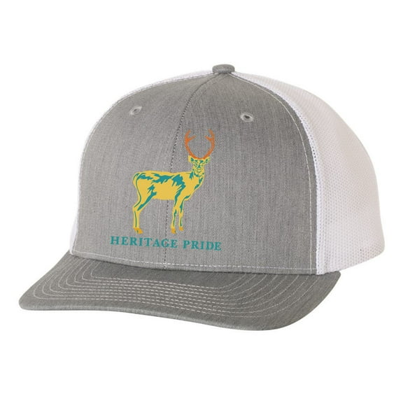 Heritage Pride Retro Color Heather Grey and White Mens Embroidered Mesh Back Trucker Hat, Deer