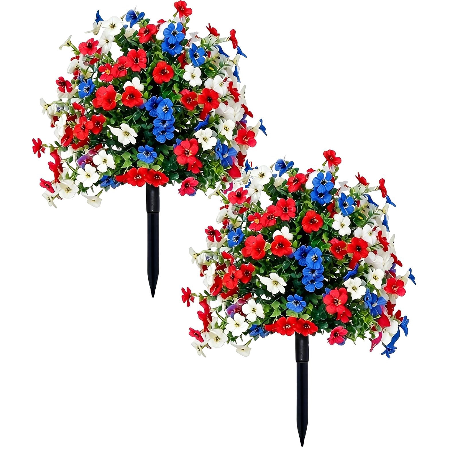 Brenberke 2Pcs 17" Patriotic Artificial Flowers with Ground Spike, UV Resistant Red White Blue Faux Silk Flowers, No Fade Outdoor Grave Garden Porch Decor for 4th of July Memorial Day Veterans Day