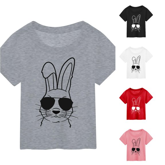 Toddler Girls Summer Casual Tops Crew Neck T Shirts Children's Easter Cartoon Bunny Print Short Sleeved T Shirt Size 2-3T ,Gray