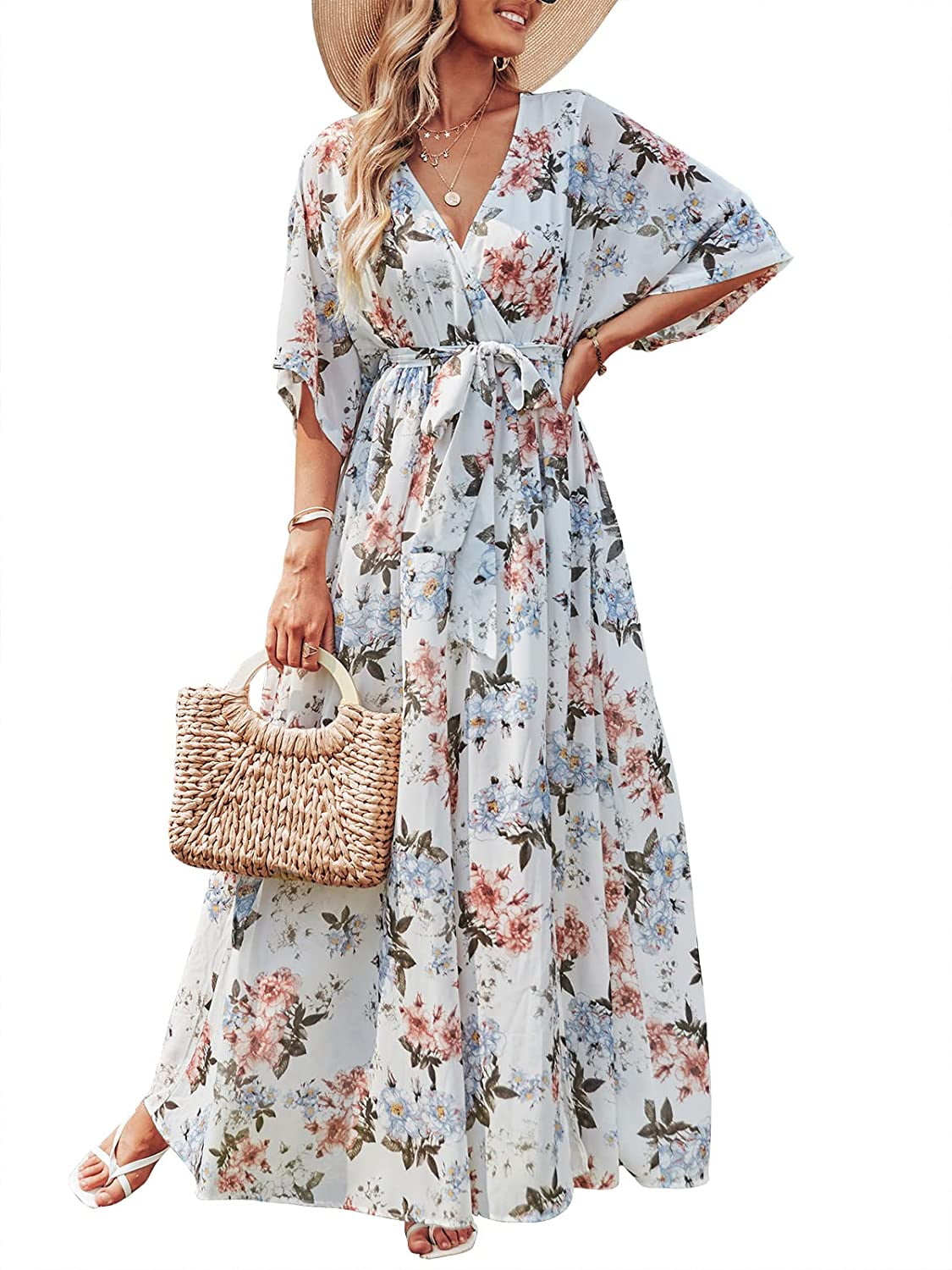 QWZNDZGR Women's Summer Loose Kimono Maxi Dress Wrap V Neck 3/4 Sleeve Floral  Print Slit Long Dresses - Walmart.com
