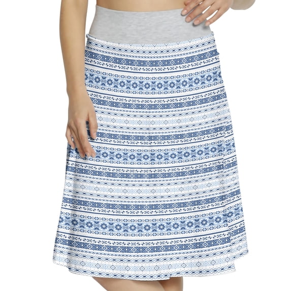 Women's Ethnic Hand Drawn Motifs A-line Printed Skirt Casual Wear, 3XL, Blue Pale Blue White, by Ambesonne
