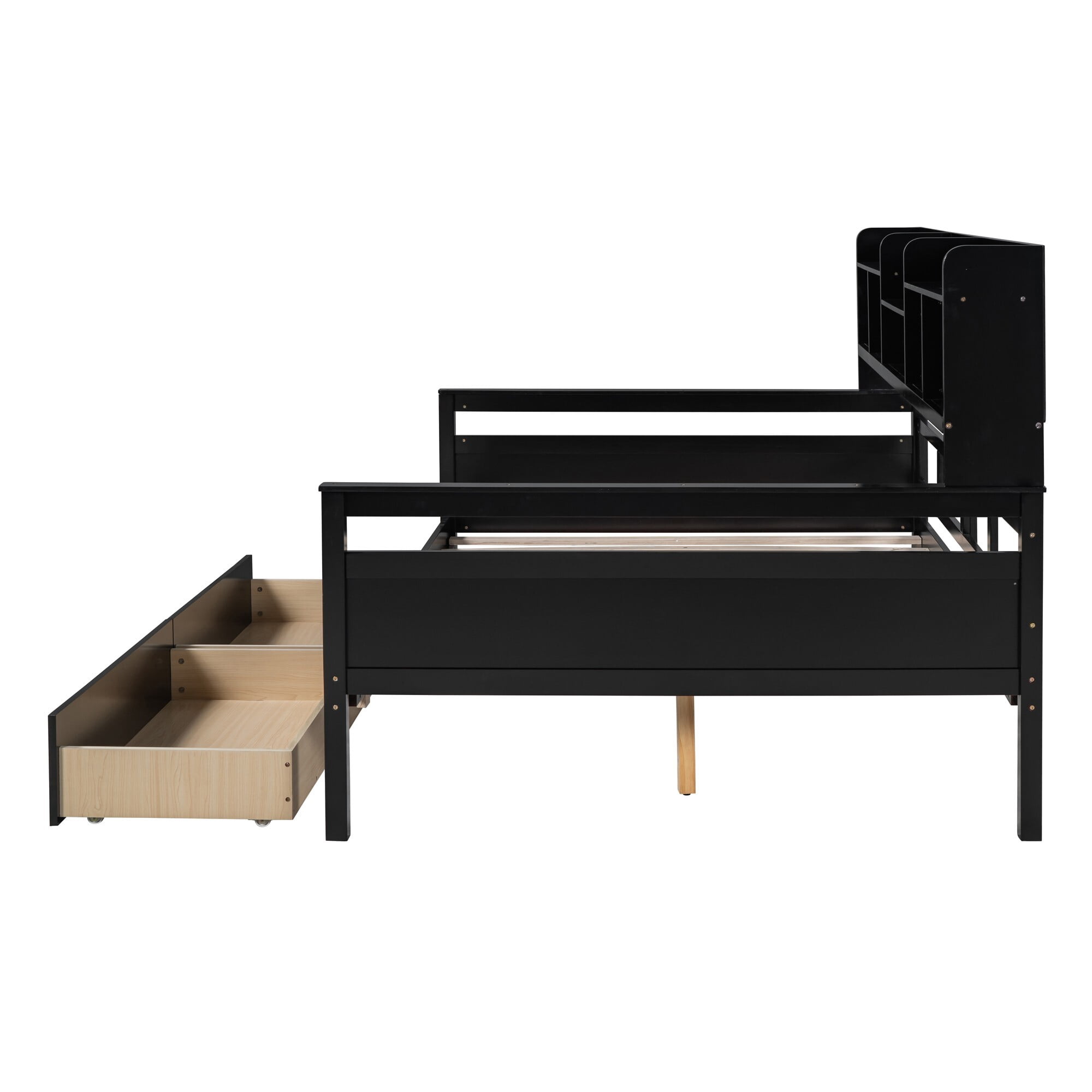 AENKYO Full Size Wooden Daybed Bed Frame with 2 Storage Drawers and Headboard Shelf, Solid Wood Sofa Bed, Black