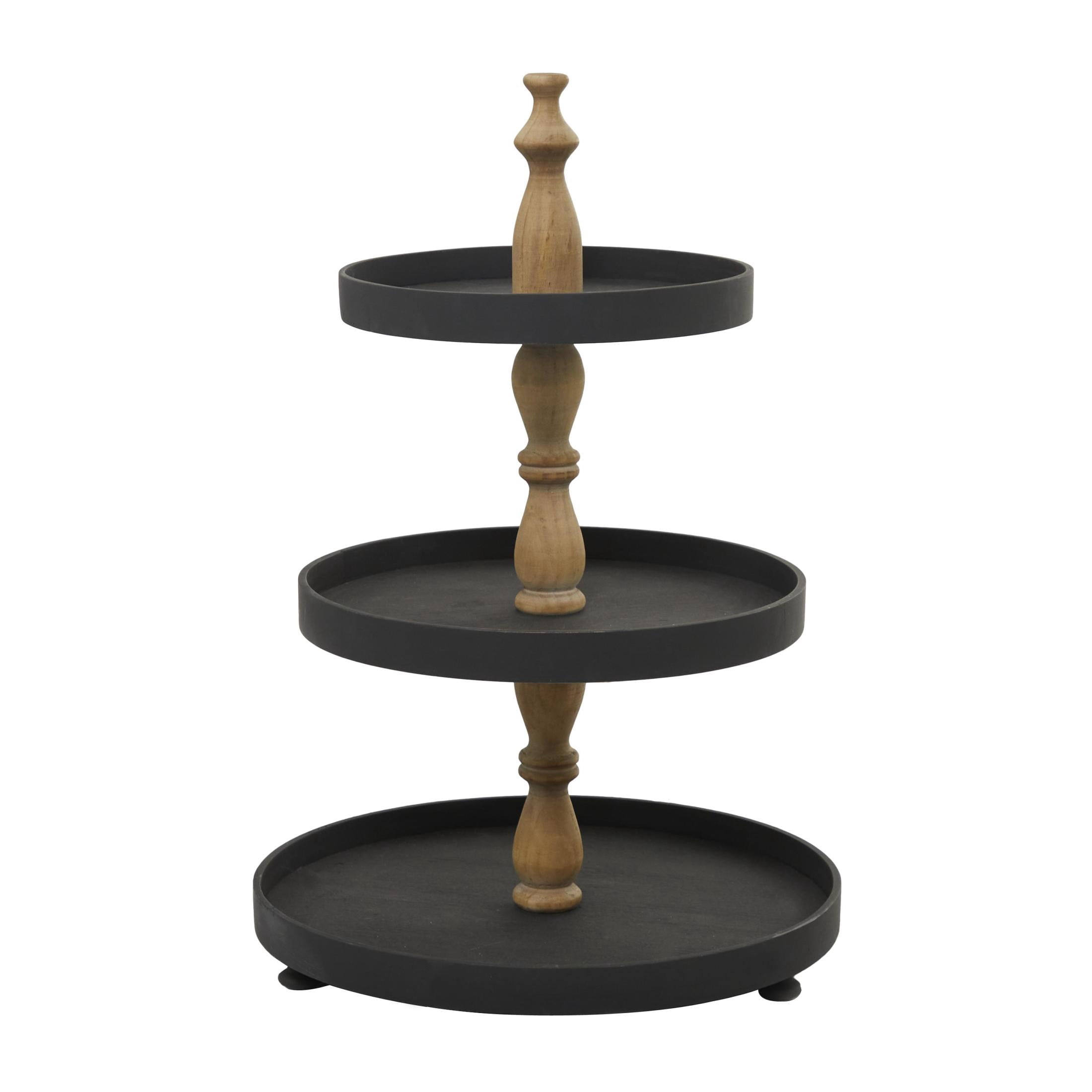 DecMode 16" x 24" Black Wood 3 Tiered Server with Brown Post, 1-Piece