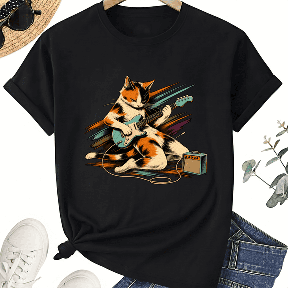 Rock and Roll Guitar Playing Cat Music Unisex T-Shirt