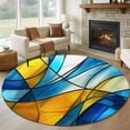 thumbnail image 3 of 5ft Washable Round Rug, Abstract Art Non-Slip Circle Area Rug for Living Room Bedroom, Blue Yellow Gradient Wavy Lines Geometric Modern Indoor Floor Mat for Home Decor, 3 of 9