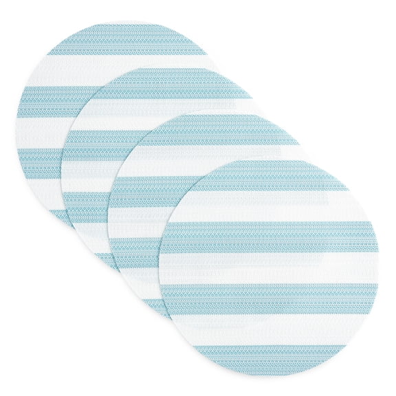 TOWN & COUNTRY BASICS Cabana Stripe Indoor Outdoor Placemats 4-Pack Set, Reversible and Easy Clean, Teal Blue/White, 15" Round