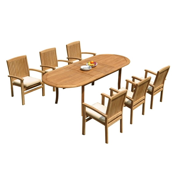 Grade-A Teak Dining Set: 6 Seater 7 Pc: 94" Oval Table And 6 Wave Stacking Arm Chairs Outdoor Patio WholesaleTeak #51WV2207
