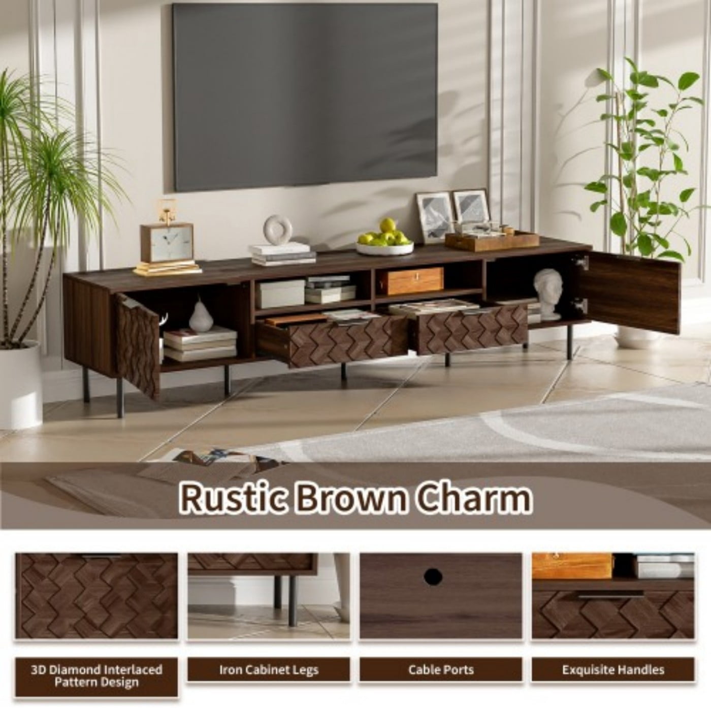 78" Modern TV Stand for TVs up to 85", Entertainment Center with 3D Diamond Pattern, Closed Storage, Cable Management, Soft Close Hinges, Iron Legs, Walnut