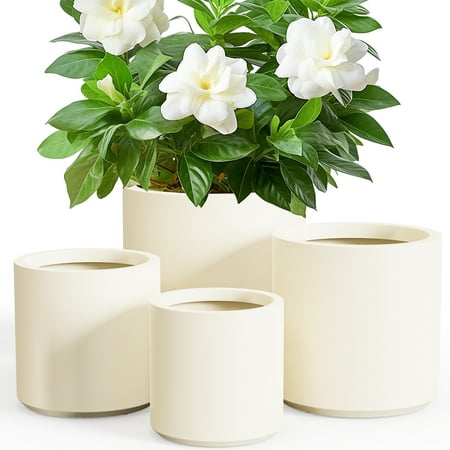 FOUKUS Set of 4 Plastic Tall Planter: 13.4/10.6/8.7/6.9 inch Large Plant Pot with Drainage Hole Indoor Outdoor Planter  Beige
