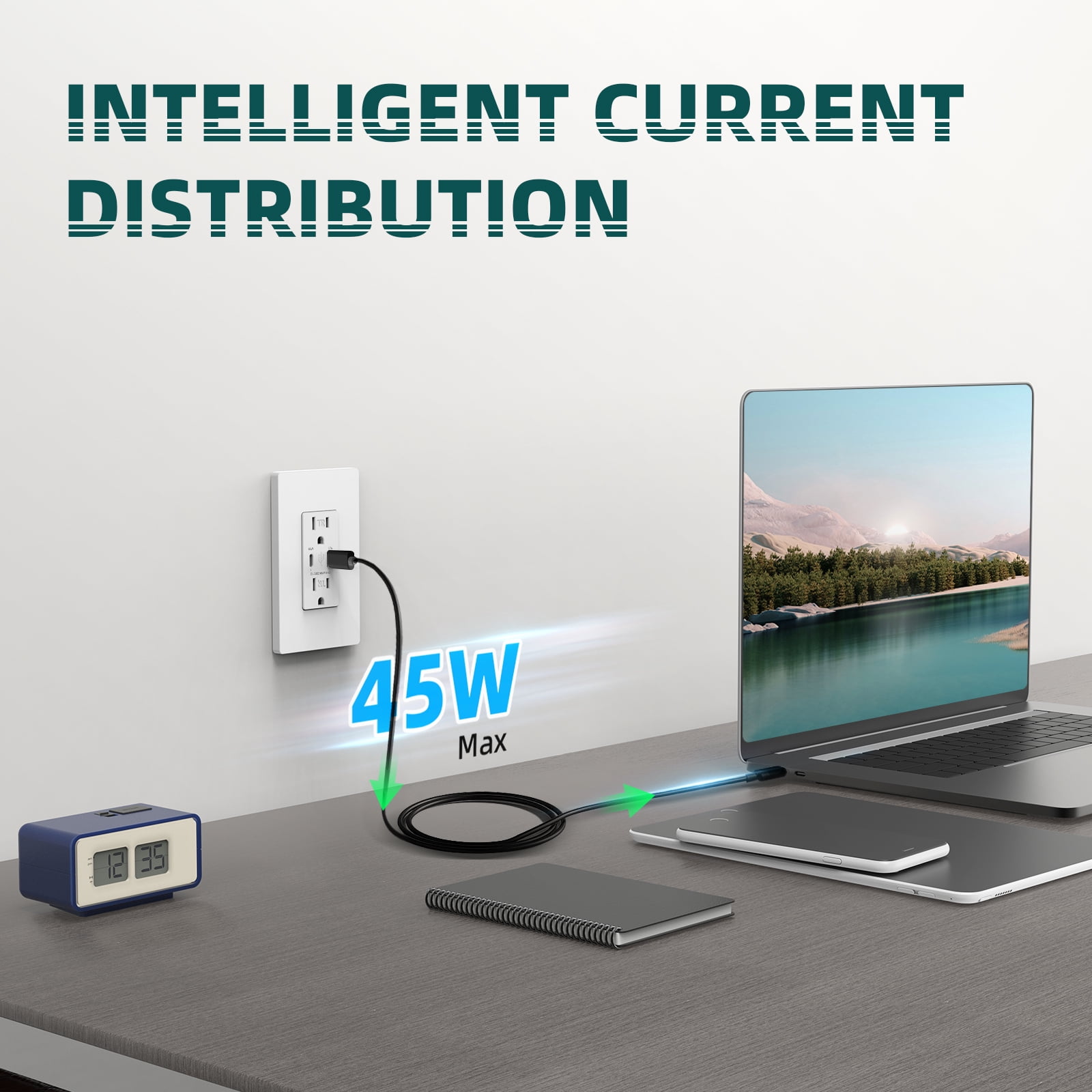 TOPELER PD USB Wall Outlet, 45w Fast Speed 2 Type-C Ports Charger Receptacles, 15A TR Receptacle, Screwless Wall Plate Included, ETL Listed & FCC Approval