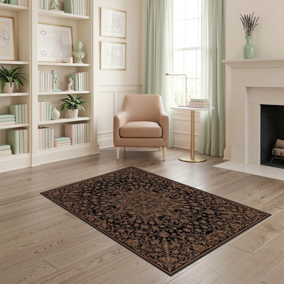 ODIKA 4'x6' Orange And Black Ornate Center Scrolling Washable Area Rug Emblem Vine Border Symmetrical Layout Ornamental Balanced for Home Office, Under Desk, Non-Slip Chair-Friendly, Flatwoven