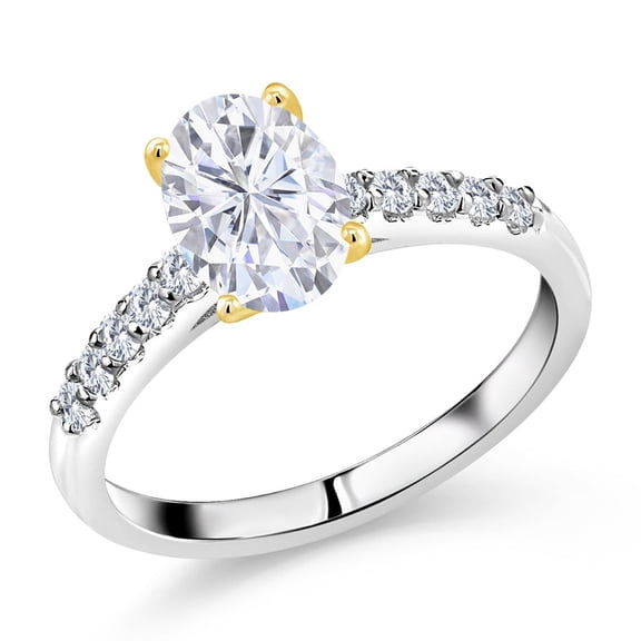 Gem Stone King 925 Sterling Silver Ring with 10K Yellow Gold Prongs G/H Lab Grown Diamond Set with Moissanite (2.30 Cttw, Size 7)