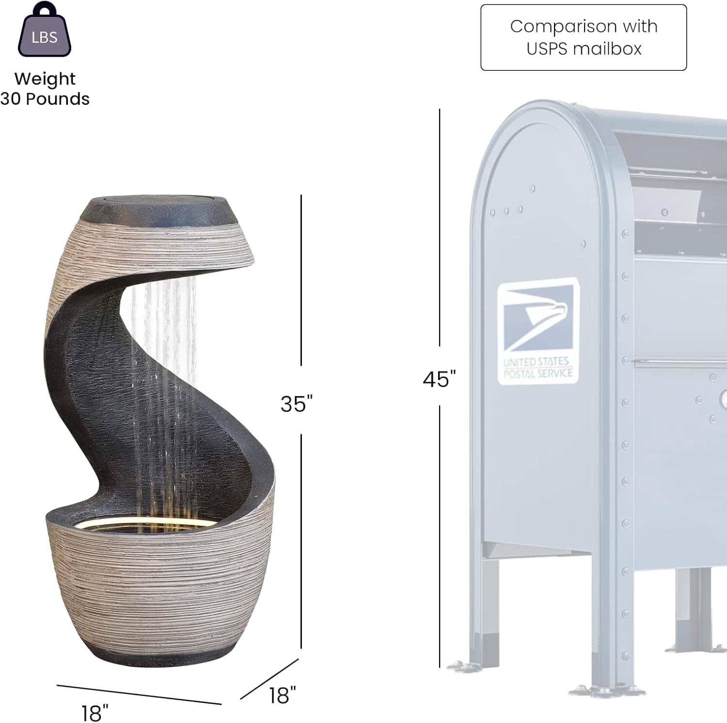 Outdoor Water Fountain 37" Tall S-Curve Floor-Standing Rainfall Fountain Garden Waterfall Feature with LED, Garden Patio Porch Yard Decor, Outdoor Water Feature with Flat Top for Plant, Resin