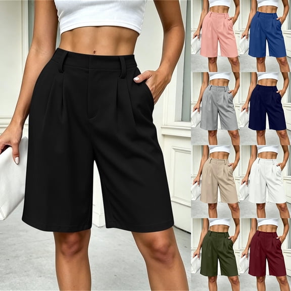 Women's High Waist Pleated Bermuda Shorts Loose Wide Leg Dressy Knee Length Suit Shorts with Pockets for office Casual Daily Wear White