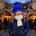 thumbnail image 6 of Cethrio Girls Pom Pom Beanie Hats, Outdoor Soft Warm Ribbed Knit Winter Hats Blue Size 2-12 Years, 6 of 7