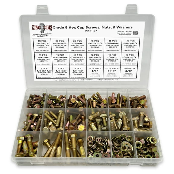 Grade 8 Hex Cap Bolts Screws, Nuts, Washers, Lock Washers Assortment Kit - 380 Pieces!