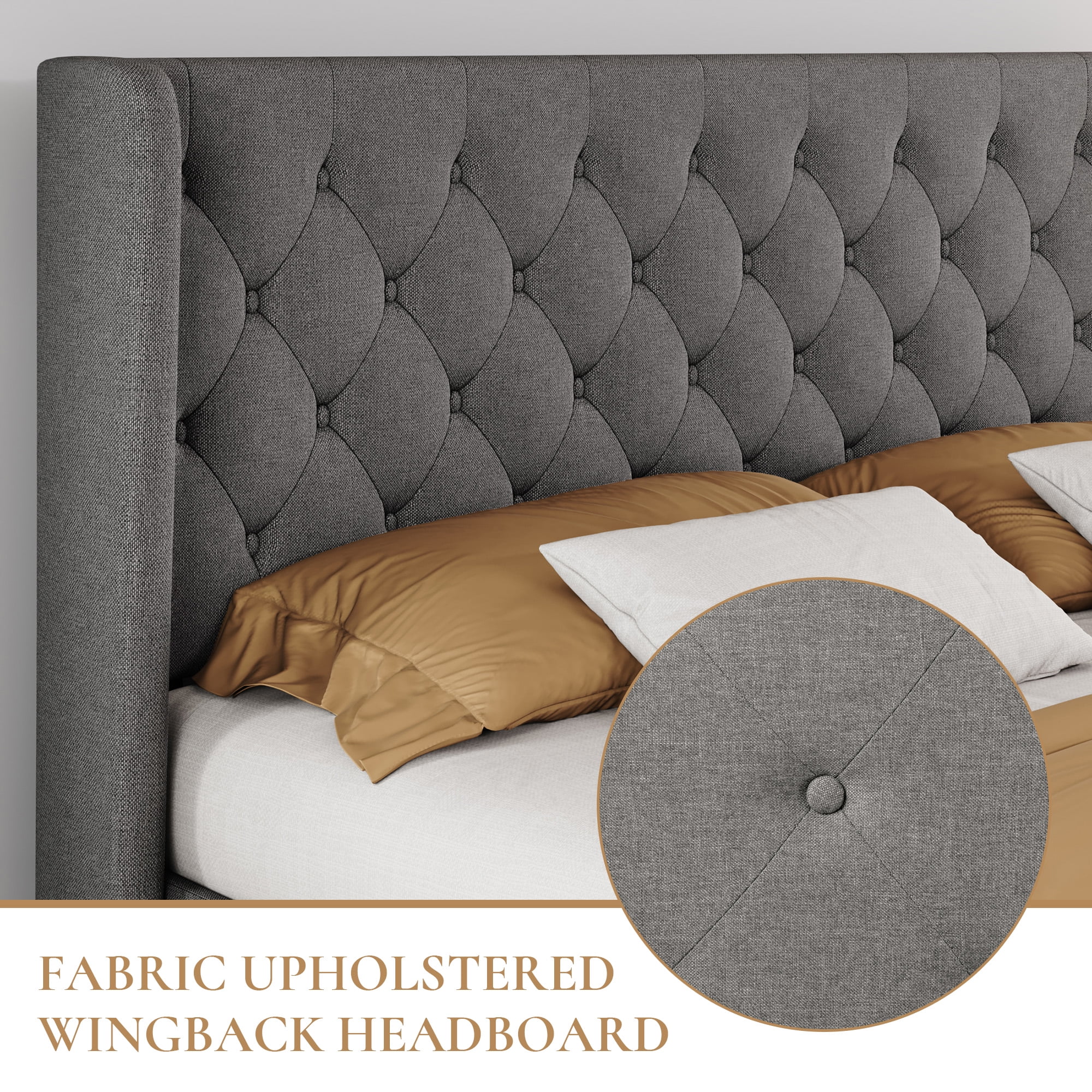 SHA CERLIN Full Size Platform Bed Frame with Fabric Wingback&Tufted Upholstered Headboard, Light Grey
